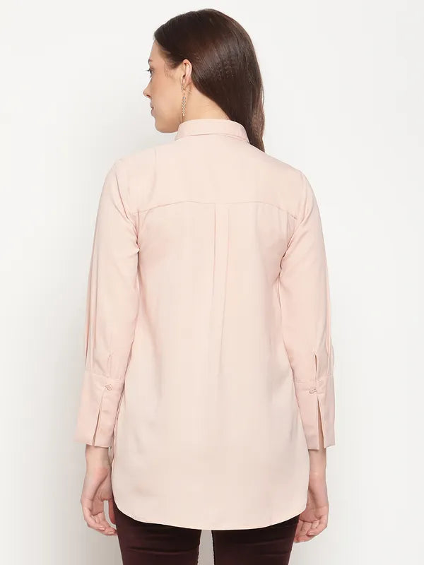 Mettle Women Peach Solid Cotton Casual Shirt