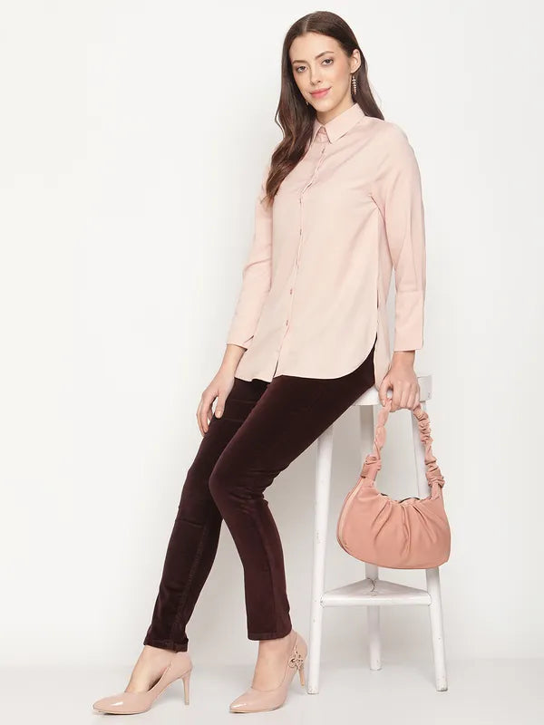 Mettle Women Peach Solid Cotton Casual Shirt