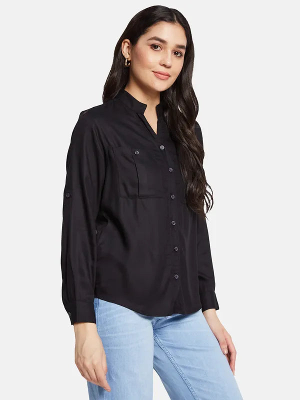 Mettle Women Solid Mandarin Collar Casual Shirt