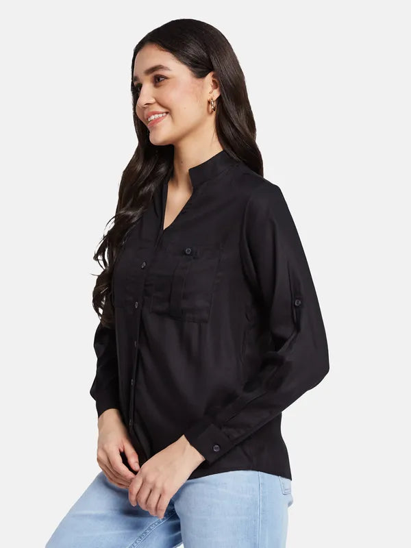 Mettle Women Solid Mandarin Collar Casual Shirt