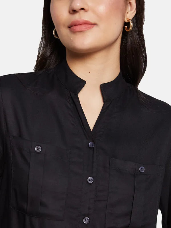 Mettle Women Solid Mandarin Collar Casual Shirt