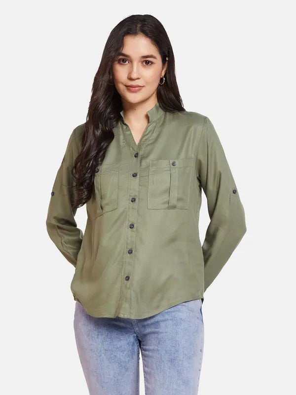 Mettle Women Mandarin Collar Cotton Casual Shirt