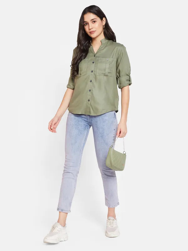 Mettle Women Mandarin Collar Cotton Casual Shirt