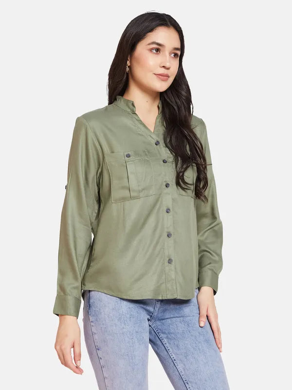 Mettle Women Mandarin Collar Cotton Casual Shirt