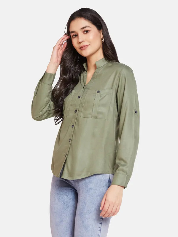 Mettle Women Mandarin Collar Cotton Casual Shirt