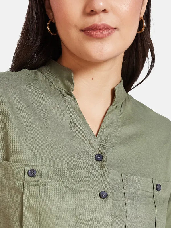 Mettle Women Mandarin Collar Cotton Casual Shirt