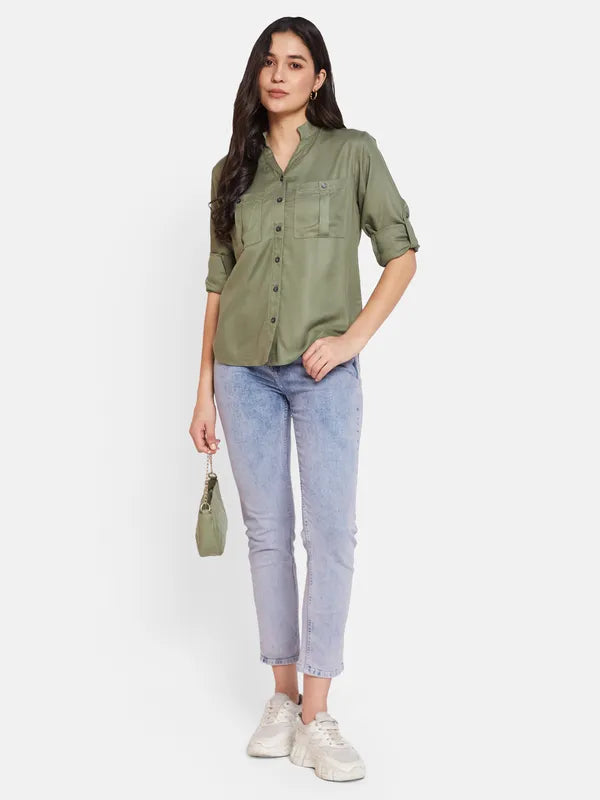 Mettle Women Mandarin Collar Cotton Casual Shirt