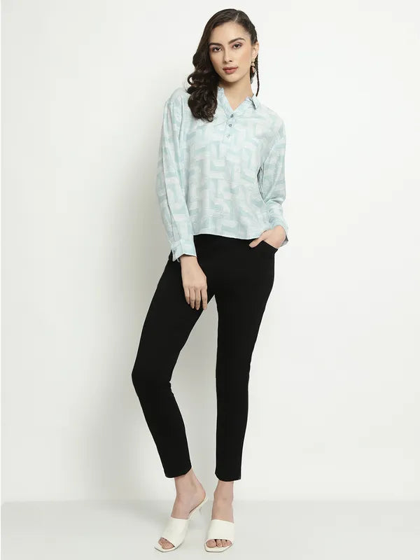 Mettle Geometric Printed Spread Collar Long Sleeves Cotton Shirt