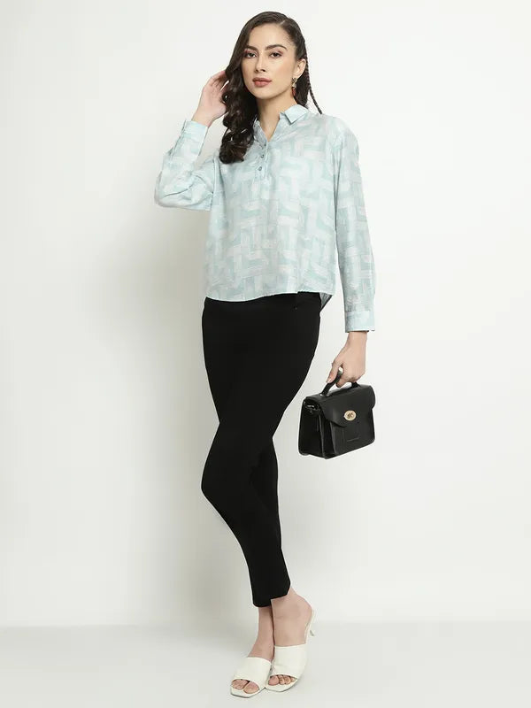 Mettle Geometric Printed Spread Collar Long Sleeves Cotton Shirt