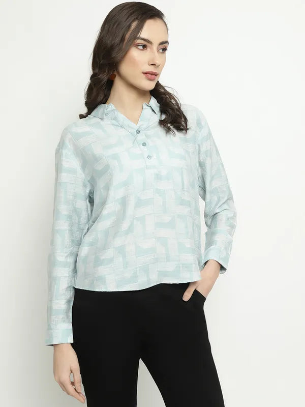 Mettle Geometric Printed Spread Collar Long Sleeves Cotton Shirt