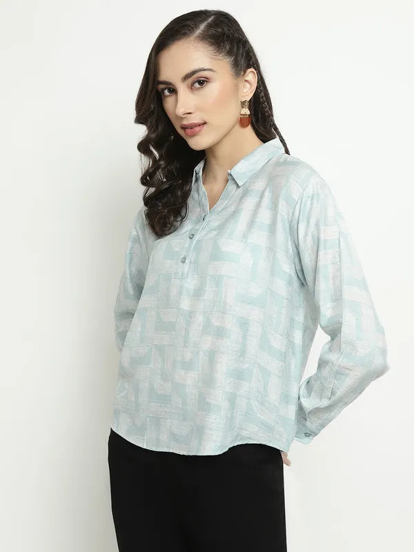 Mettle Geometric Printed Spread Collar Long Sleeves Cotton Shirt