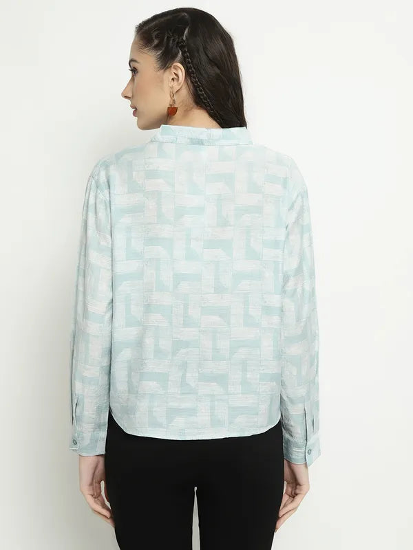 Mettle Geometric Printed Spread Collar Long Sleeves Cotton Shirt