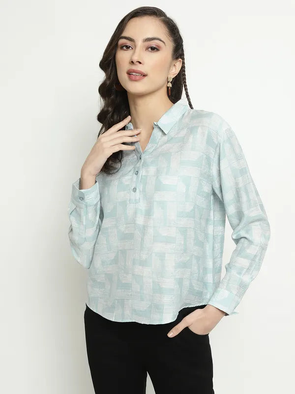 Mettle Geometric Printed Spread Collar Long Sleeves Cotton Shirt