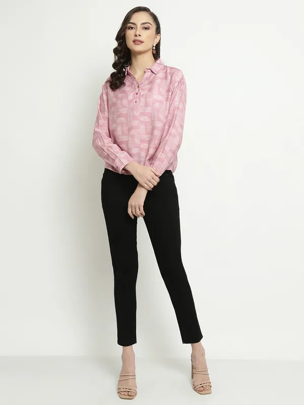 Mettle Geometric Printed Spread Collar Long Sleeves Cotton Casual Shirt