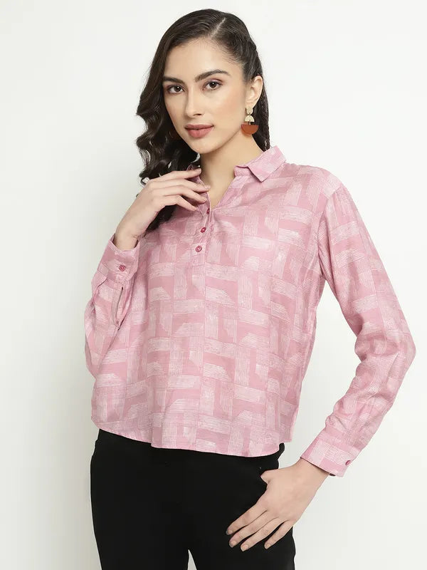 Mettle Geometric Printed Spread Collar Long Sleeves Cotton Casual Shirt