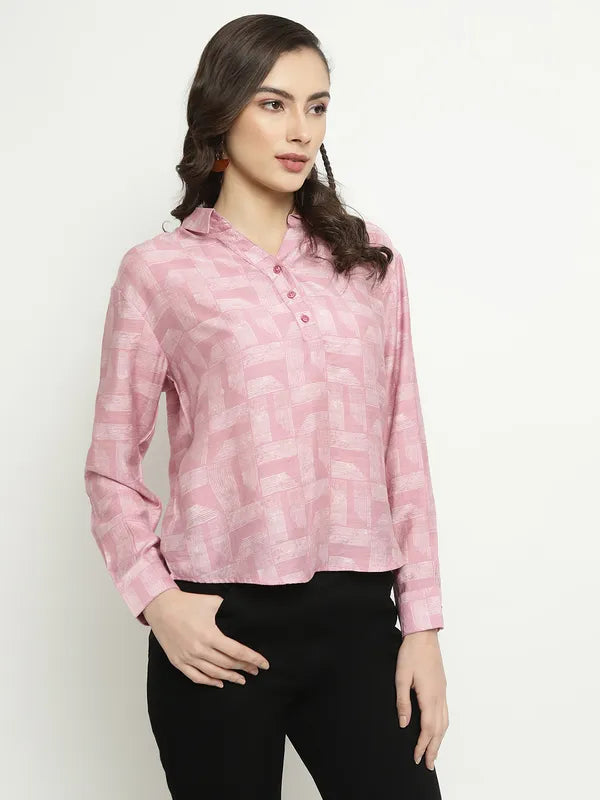 Mettle Geometric Printed Spread Collar Long Sleeves Cotton Casual Shirt