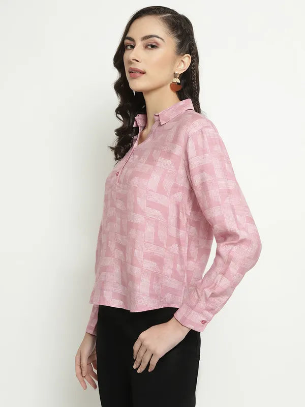 Mettle Geometric Printed Spread Collar Long Sleeves Cotton Casual Shirt