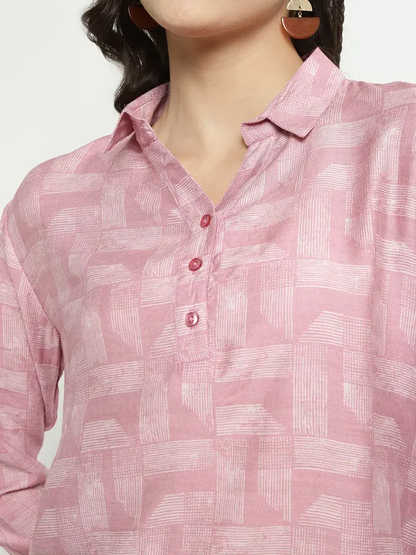 Mettle Geometric Printed Spread Collar Long Sleeves Cotton Casual Shirt