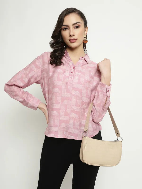 Mettle Geometric Printed Spread Collar Long Sleeves Cotton Casual Shirt