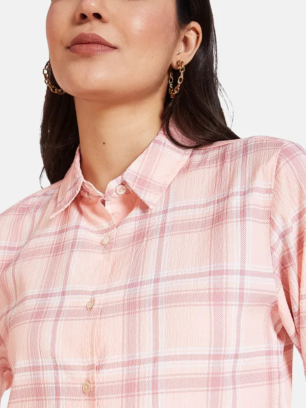 Mettle Spread Collar Tartan Checks Opaque Cotton Casual Shirt