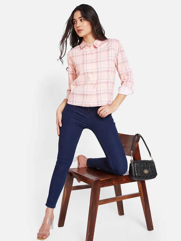 Mettle Spread Collar Tartan Checks Opaque Cotton Casual Shirt