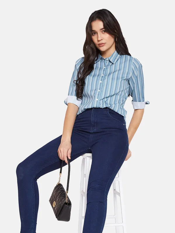 Mettle Spread Collar Striped Cotton Casual Shirt