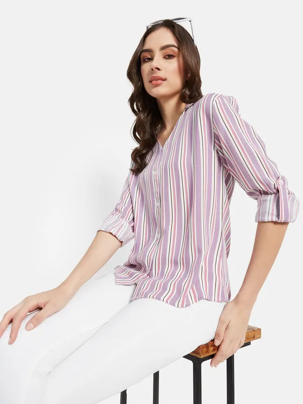 Vertical Stripes  V Neck Shirt With Collar