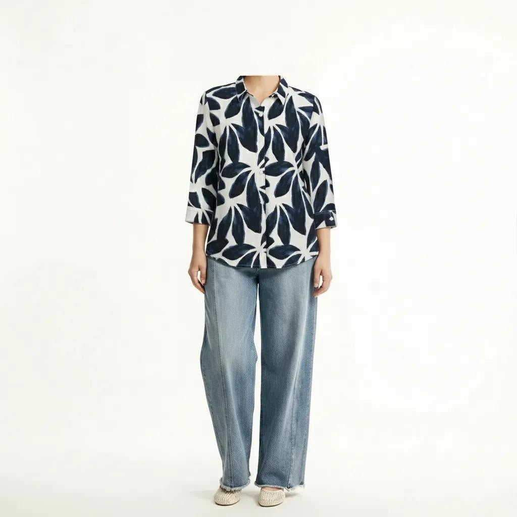 Women Navy Floral Printed Casual Shirt