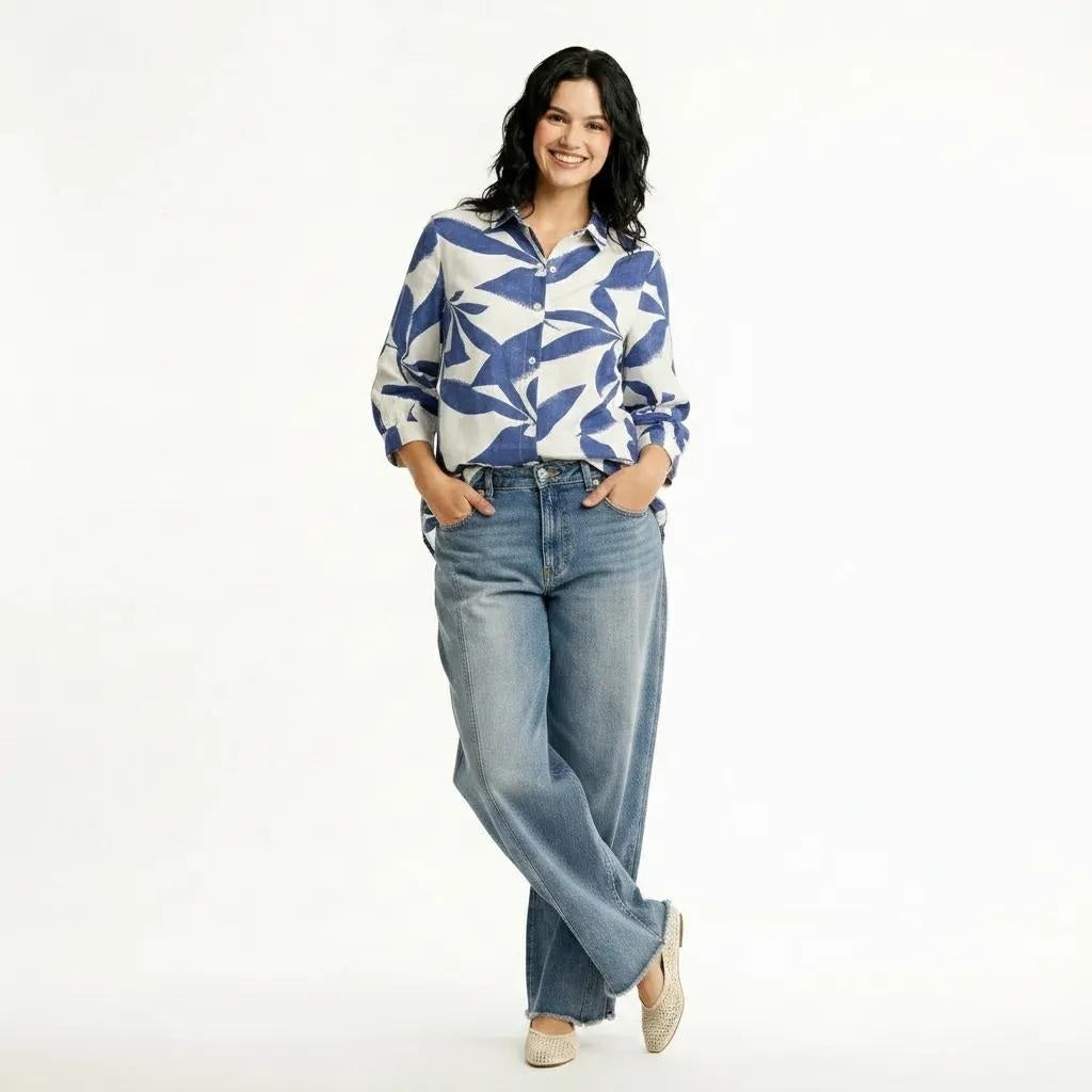 Women Denim Floral Printed Casual Shirt