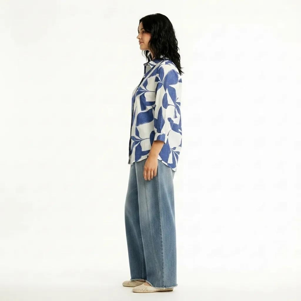 Women Denim Floral Printed Casual Shirt