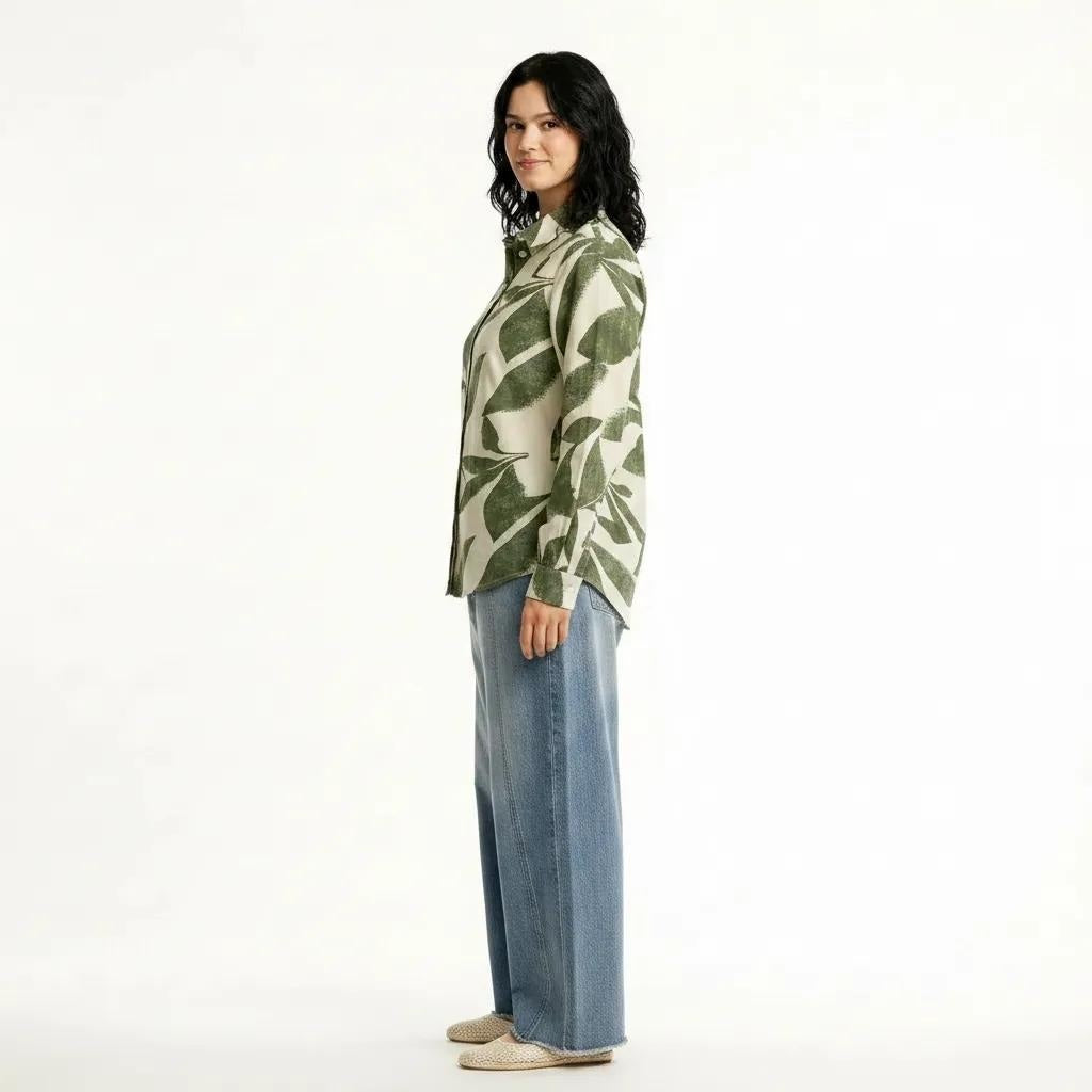 Women Olive Floral Printed Casual Shirt
