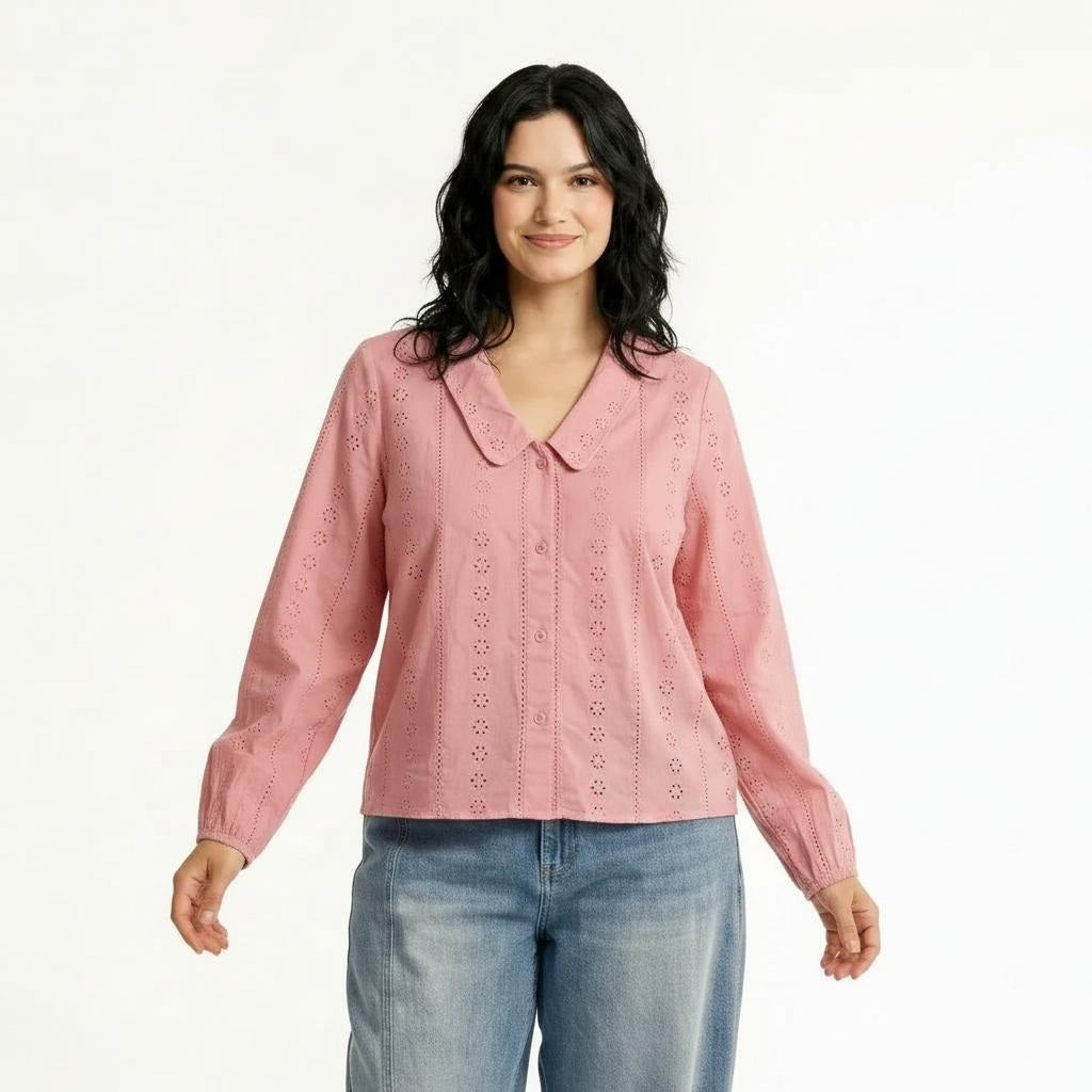 Women Embroidered Peter Pan Collar Cotton Top