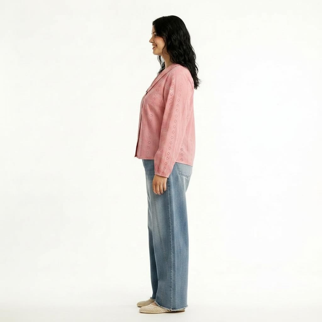 Women Pink Embroidered Peter Pan Collar Cotton Top