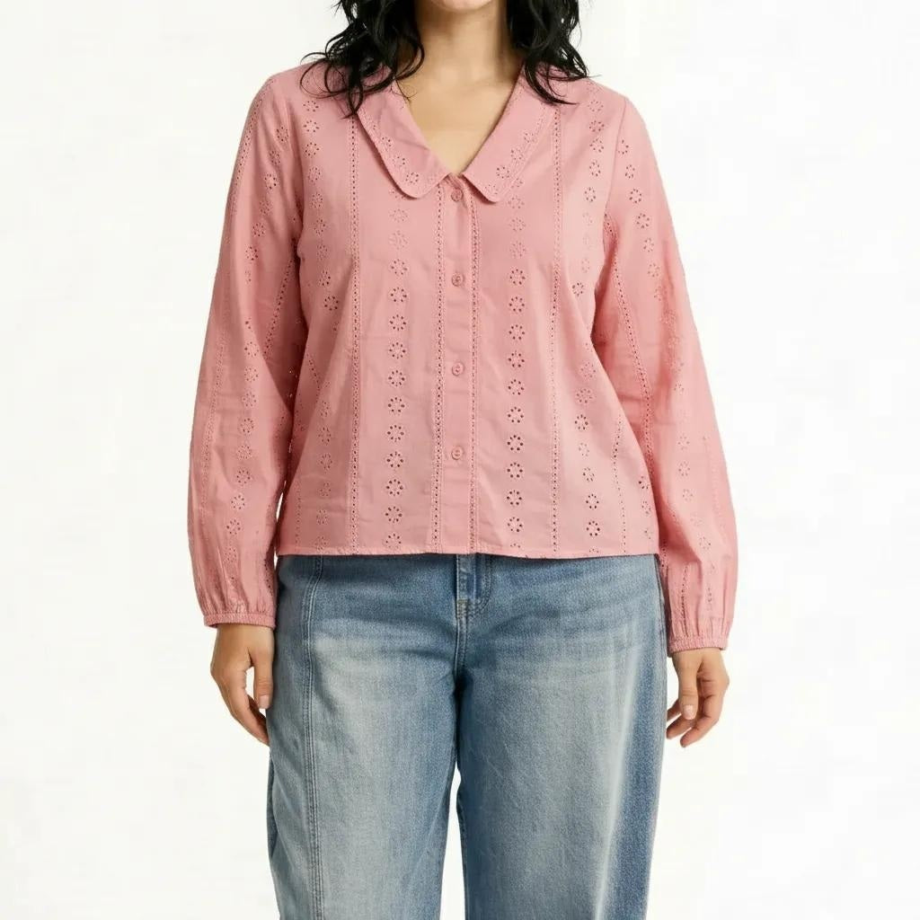 Women Pink Embroidered Peter Pan Collar Cotton Top