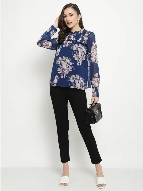 Mettle Floral Printed High Neck Ruffles Regular Top