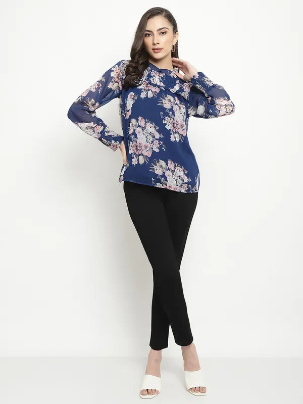 Mettle Floral Printed High Neck Ruffles Regular Top