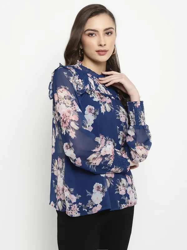 Mettle Floral Printed High Neck Ruffles Regular Top