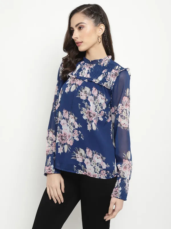 Mettle Floral Printed High Neck Ruffles Regular Top