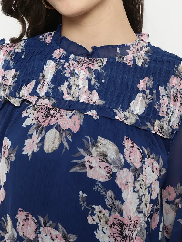 Mettle Floral Printed High Neck Ruffles Regular Top