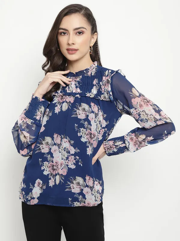 Mettle Floral Printed High Neck Ruffles Regular Top