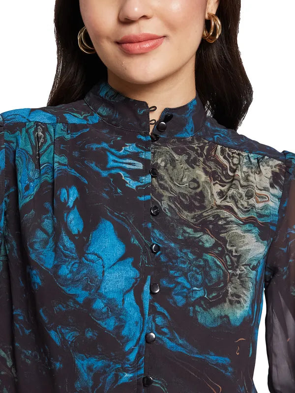 Mettle Print Mandarin Collar Cotton Shirt Style Top