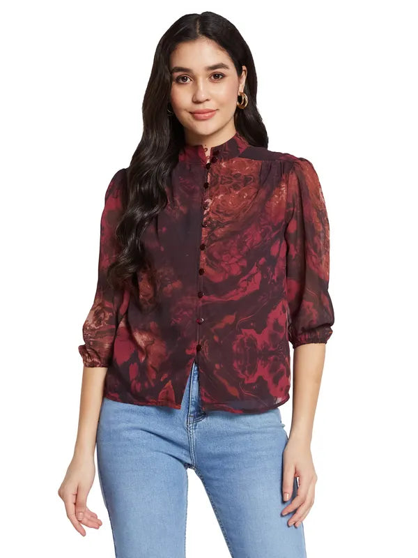 Mettle Floral Print Mandarin Collar Puff Sleeve Cotton Shirt Style Top