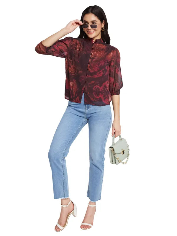 Mettle Floral Print Mandarin Collar Puff Sleeve Cotton Shirt Style Top