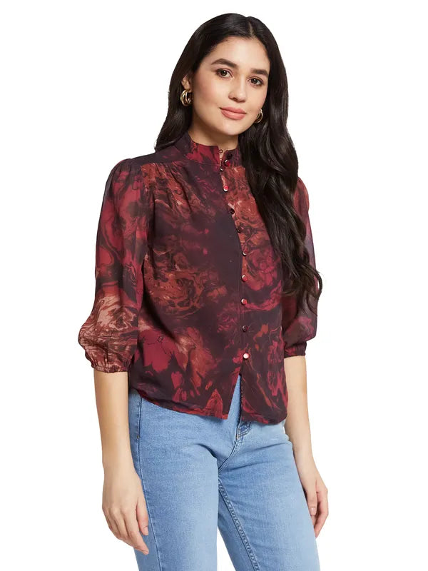 Mettle Floral Print Mandarin Collar Puff Sleeve Cotton Shirt Style Top