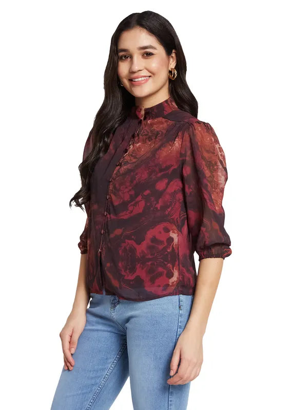 Mettle Floral Print Mandarin Collar Puff Sleeve Cotton Shirt Style Top