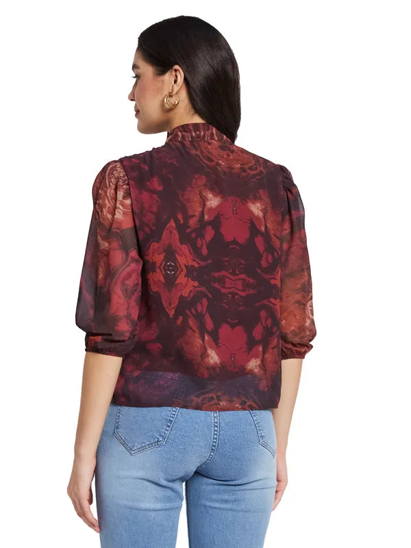 Mettle Floral Print Mandarin Collar Puff Sleeve Cotton Shirt Style Top