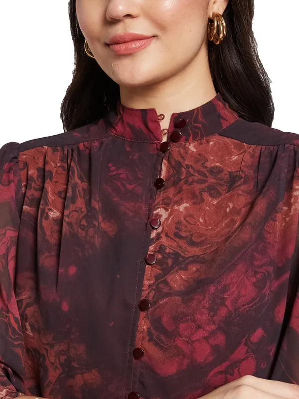 Mettle Floral Print Mandarin Collar Puff Sleeve Cotton Shirt Style Top