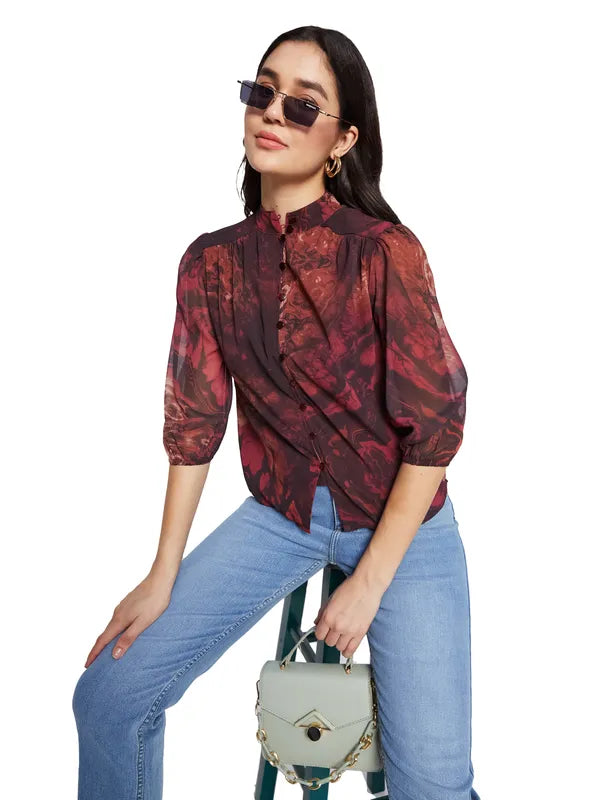 Mettle Floral Print Mandarin Collar Puff Sleeve Cotton Shirt Style Top