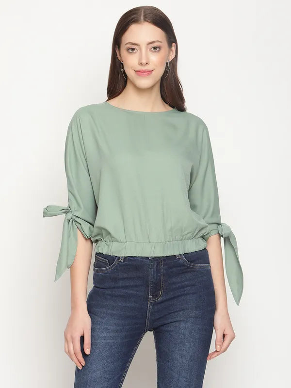 Mettle Women Olive Green Blouson Crop Top