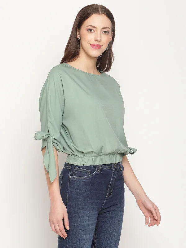 Mettle Women Olive Green Blouson Crop Top